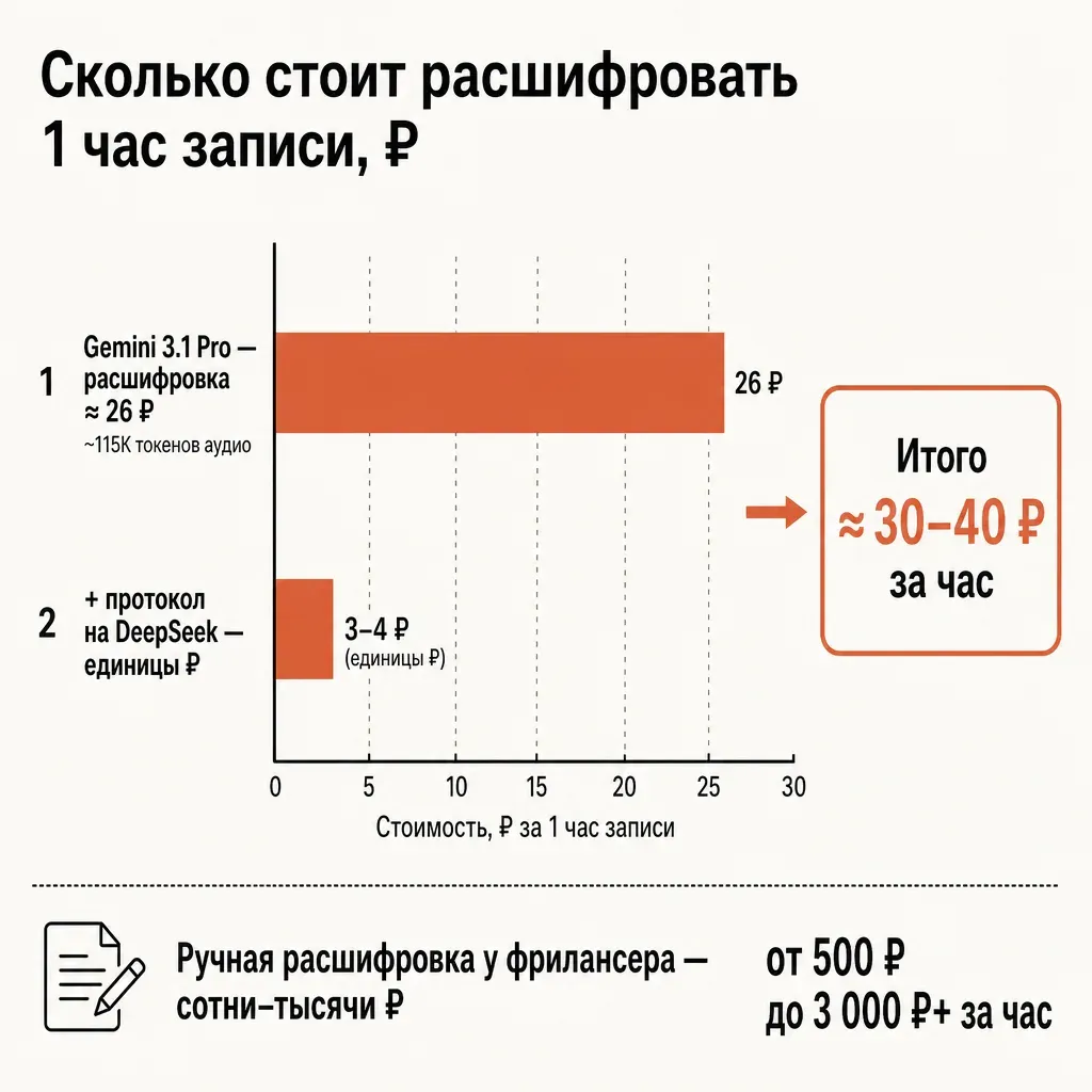 Горизонтальная столбчатая диаграмма «Сколько стоит расшифровать 1 час записи»: столбец «Gemini 3.1 Pro расшифровка — около 26 ₽» (терракотовый), столбец «плюс протокол на DeepSeek — единицы рублей», выноска «итого ~30-40 ₽ за час», заголовок и подписи на русском