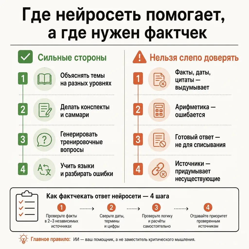 Карта задач учёбы для нейросети: что ИИ делает хорошо — объяснения, конспекты, тренировочные вопросы, план — и где ему нельзя слепо доверять