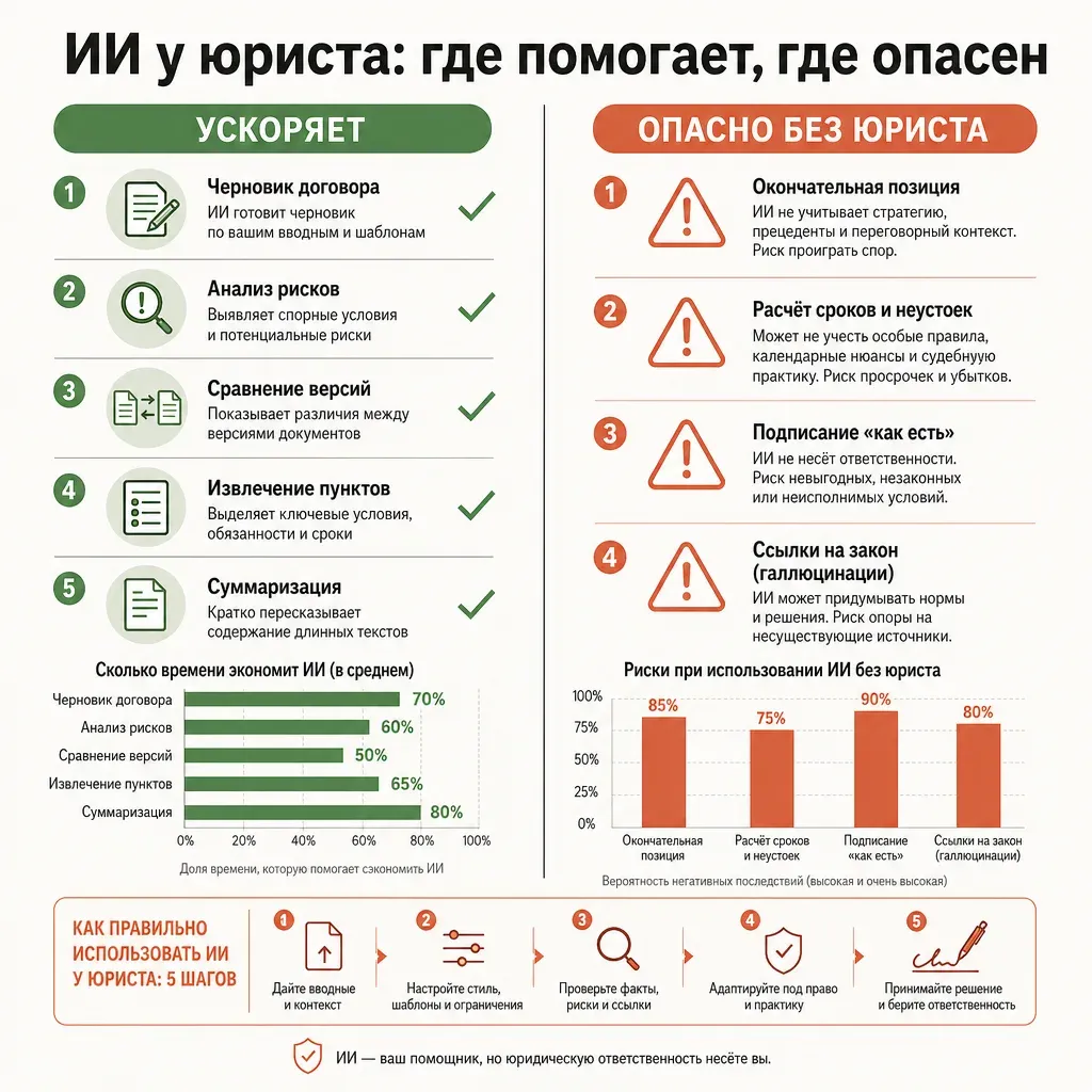Две колонки: слева задачи, где ИИ ускоряет работу юриста — черновик договора, анализ рисков, сравнение версий, извлечение пунктов, суммаризация; справа зоны, где без юриста опасно — окончательная позиция, расчёт сроков, подписание; подписи на русском