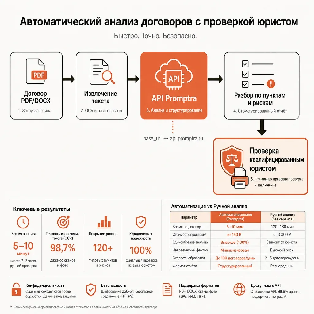 Блок-схема: договор в формате PDF или DOCX, извлечение текста, отправка в выбранную модель через API provod.ai, разбор по пунктам и рискам в ответе, и финальный блок проверки квалифицированным юристом, подписи на русском, акцент терракотовым