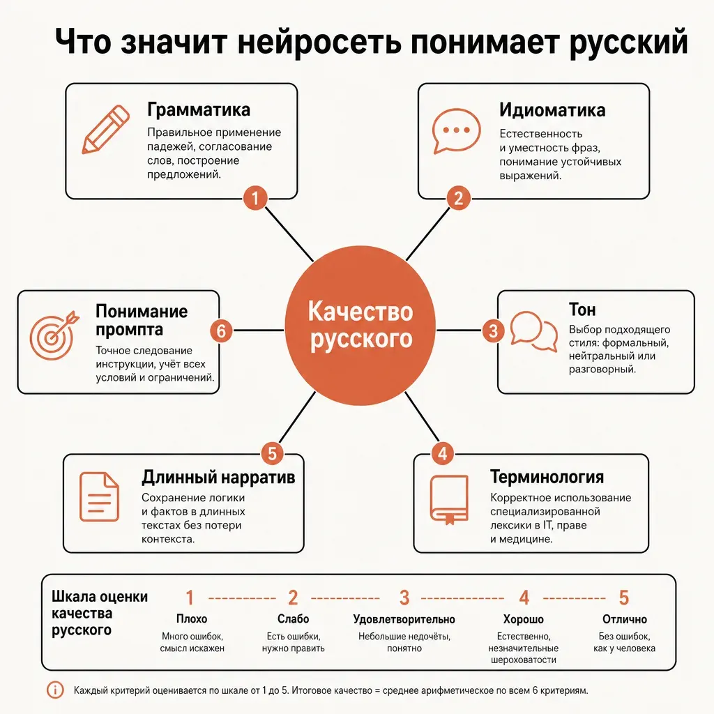 Схема шести критериев оценки русского у нейросети: грамматика, идиоматика, тон, терминология, длинный нарратив, понимание промпта — кремовый фон, графитовые рамки, терракотовые иконки, подписи на русском, плоский вектор
