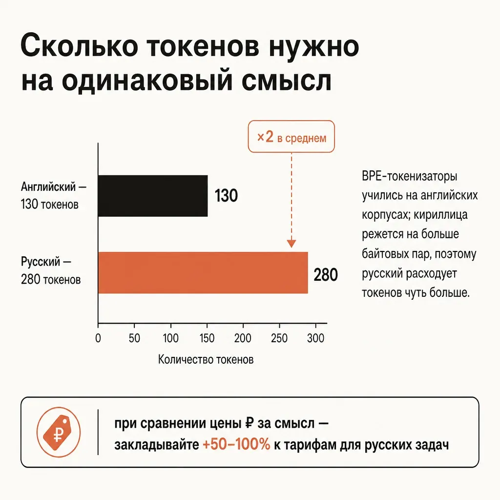 Горизонтальная столбчатая диаграмма «Сколько токенов нужно на одинаковый смысл»: английский 130 токенов, русский 280 токенов терракотовым #D97757, подпись «×2 в среднем», справа аннотация «BPE-токенизатор учился на английском», кремовый фон #FAFAF7, графитовые подписи #14120B, подписи на русском, без людей