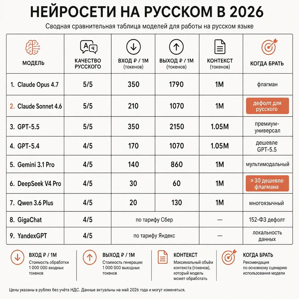 Сводная таблица в виде сетки на девять строк и шесть столбцов: модель, качество русского, вход рубли, выход рубли, контекст, когда брать; терракотовые плашки в строках с лучшими ценами и качеством; кремовый фон; графитовый текст; подписи на русском; плоский вектор, заголовок «Нейросети на русском в 2026»