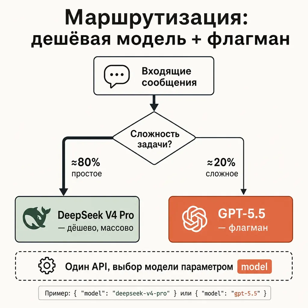 Схема маршрутизации чат-бота по моделям: входящие запросы делятся ромбом «Сложность задачи?» на ветку 80 процентов к дешёвой модели DeepSeek и ветку 20 процентов к флагману GPT-5.5, подпись внизу «Один API, выбор модели параметром model», русские подписи