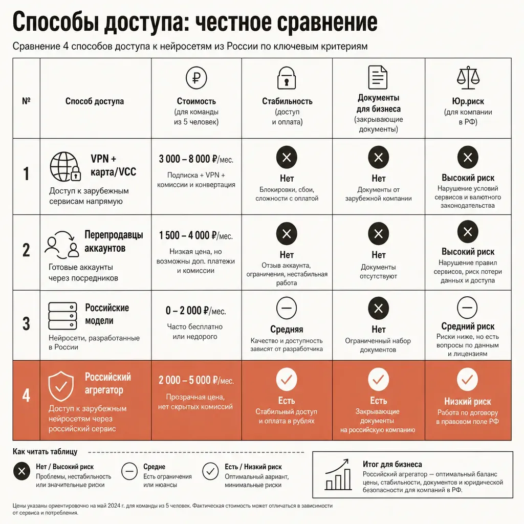 Сравнение четырёх способов доступа к нейросетям из России по стоимости, стабильности и риску