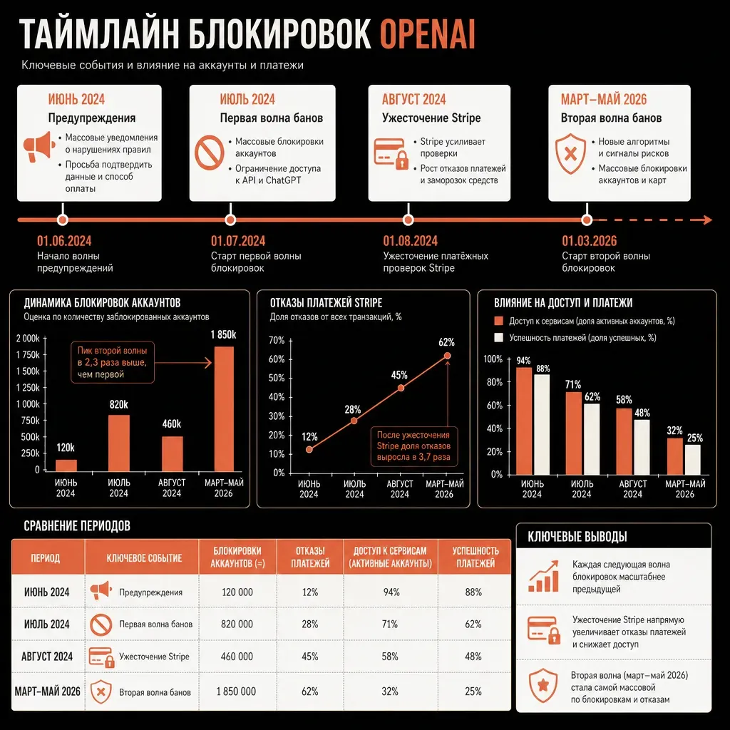 Таймлайн блокировок OpenAI: июнь 2024 предупреждения, июль 2024 первая волна банов, август 2024 ужесточение Stripe, март-май 2026 вторая волна — иллюстрация в стиле горизонтальной timeline-инфографики на тёмном фоне