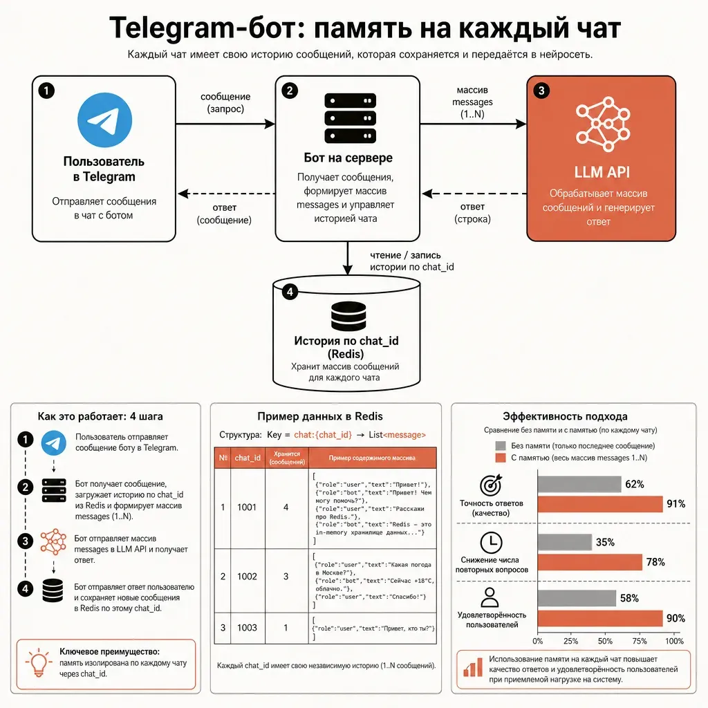 Схема Telegram-бота на нейросети: пользователь пишет в Telegram, бот на сервере хранит отдельную историю по chat_id, отправляет её в LLM API через шлюз и возвращает ответ в чат, русские подписи к блокам