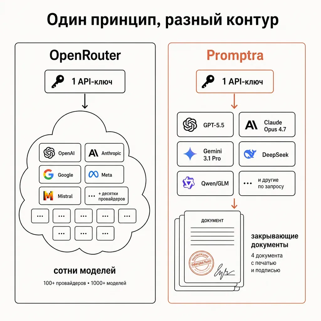 Две схемы устройства сервиса рядом: левая с подписью OpenRouter и единым ключом к большому облаку из множества провайдеров, правая с подписью provod.ai и тем же ключом к компактному набору флагманов плюс стопка закрывающих документов, тёплая палитра