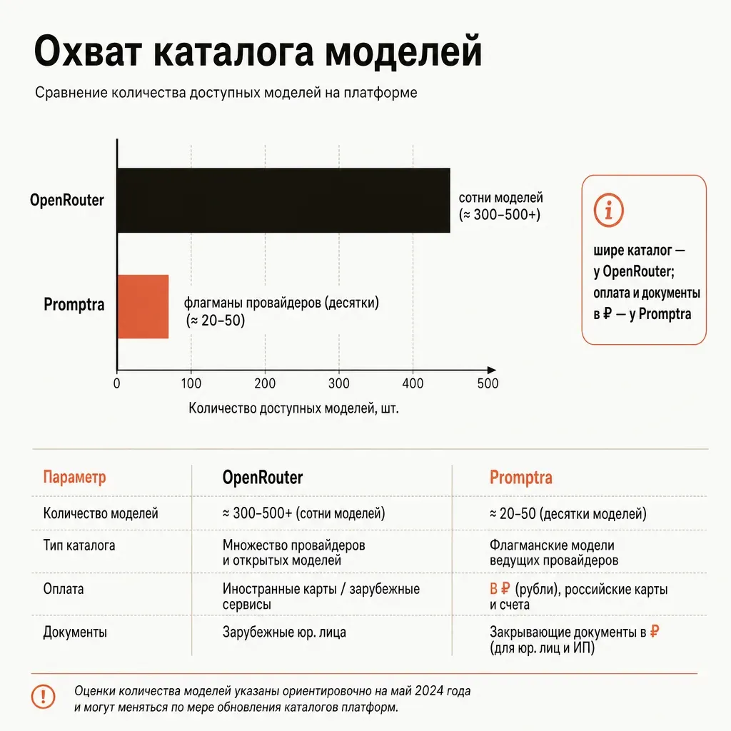 Горизонтальная столбчатая диаграмма ширины каталога: длинный столбец OpenRouter с подписью сотни моделей и короткий терракотовый столбец provod.ai с подписью флагманы провайдеров, заголовок про охват каталога, кремовый фон, русские подписи