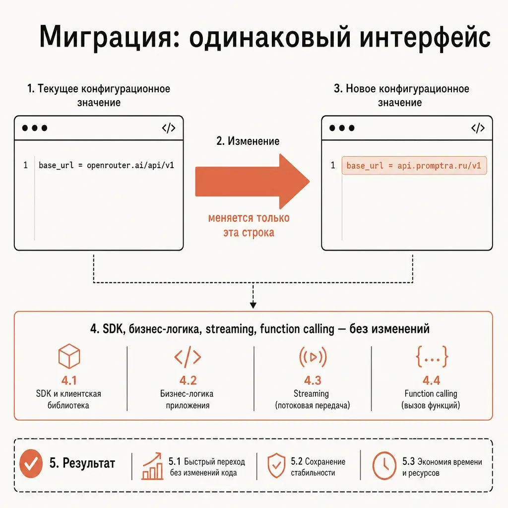 Схема миграции по base_url: слева блок кода с моноширинной строкой openrouter.ai/api/v1, по центру терракотовая стрелка с подписью меняется только эта строка, справа блок с api.provod.ai/v1, ниже подпись остальной код, SDK и логика без изменений, кремовый фон, русские подписи