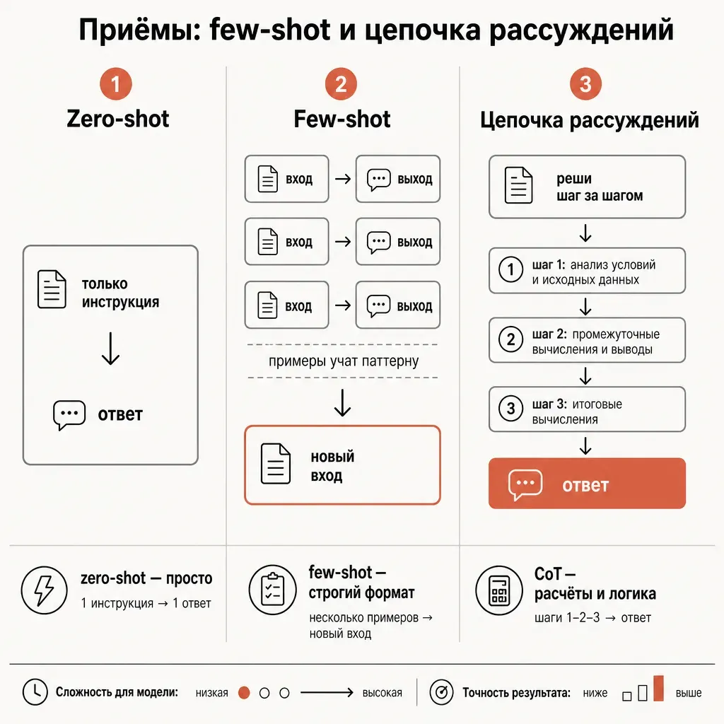 Схема приёмов промптинга: zero-shot против few-shot с примерами и цепочка рассуждений — когда что применять