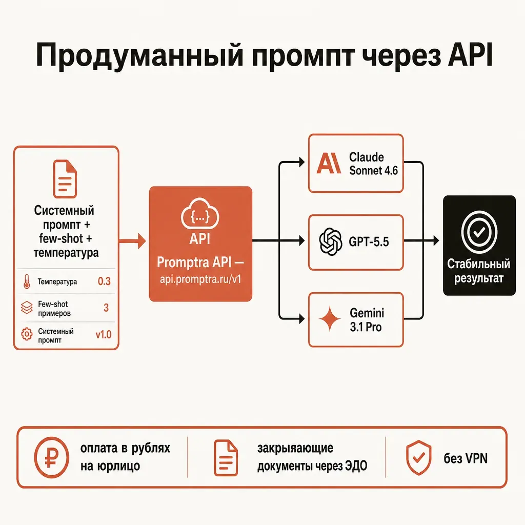 Схема: продуманный промпт через OpenAI-совместимый API уходит в выбранную модель и возвращает стабильный результат, оплата в рублях на юрлицо