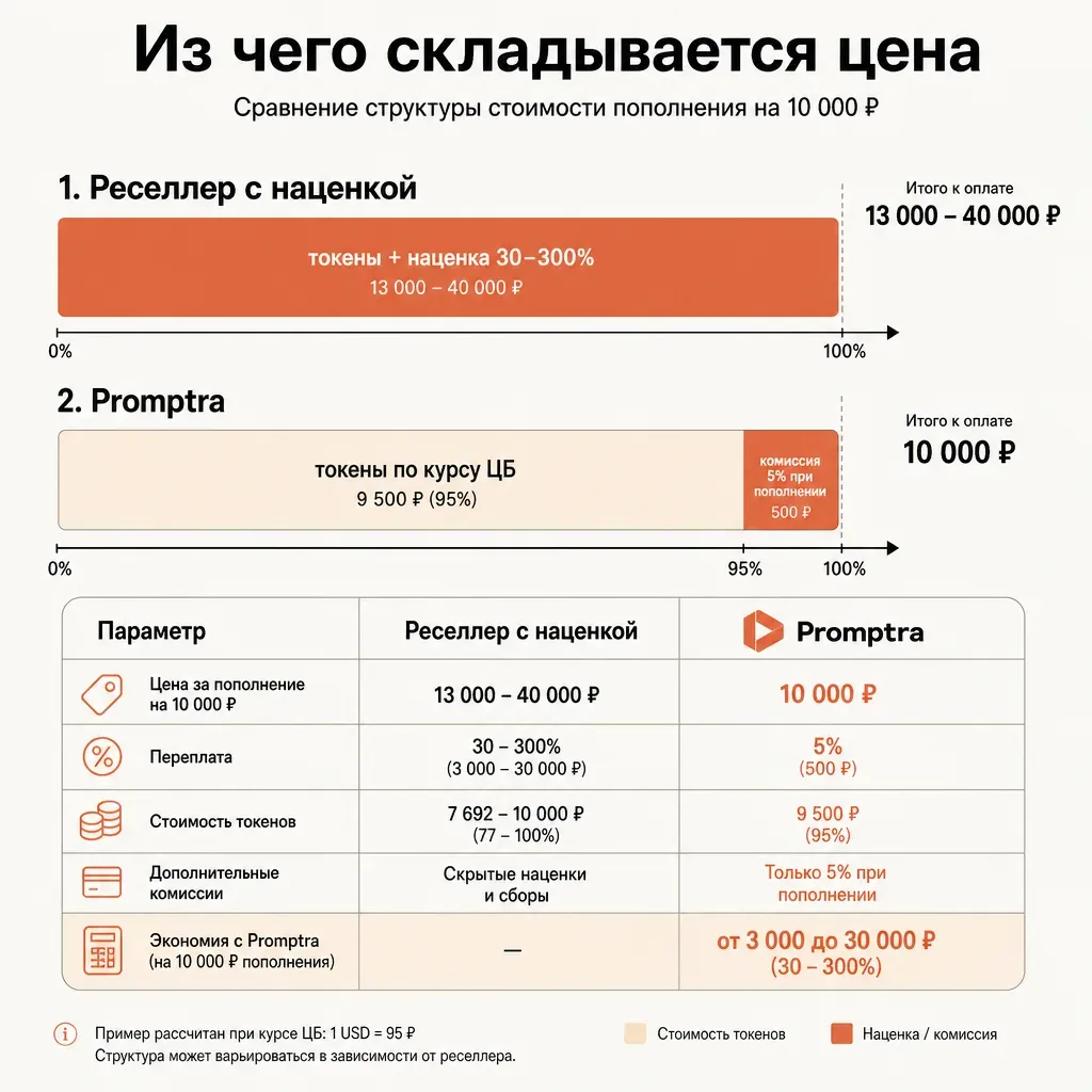 Две горизонтальные шкалы-полосы одинаковой длины как два прайса, под ними тонкая ось, левая полоса разбита на длинный сегмент и короткий хвост-комиссию, правая полоса цельная, визуальное сравнение структуры цены без чисел, тёплые тона терракоты и кремового
