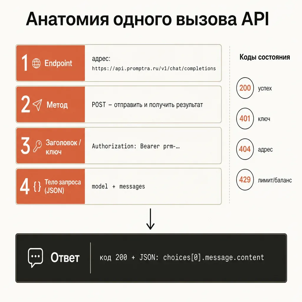 Анатомия HTTP-запроса к API: endpoint, метод, заголовок с ключом, тело запроса в JSON и ответ сервера с кодом состояния