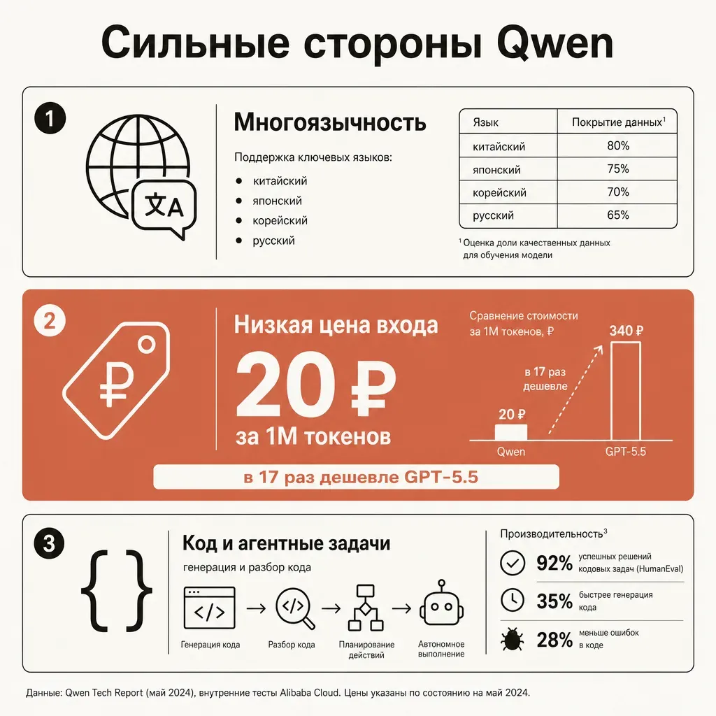 Карточка сильных сторон Qwen с подписями на русском: три блока — многоязычность (китайский, японский, корейский, русский), низкая цена входа 20 рублей за 1М токенов, код и агентные задачи; терракотовые акценты на бежевом фоне
