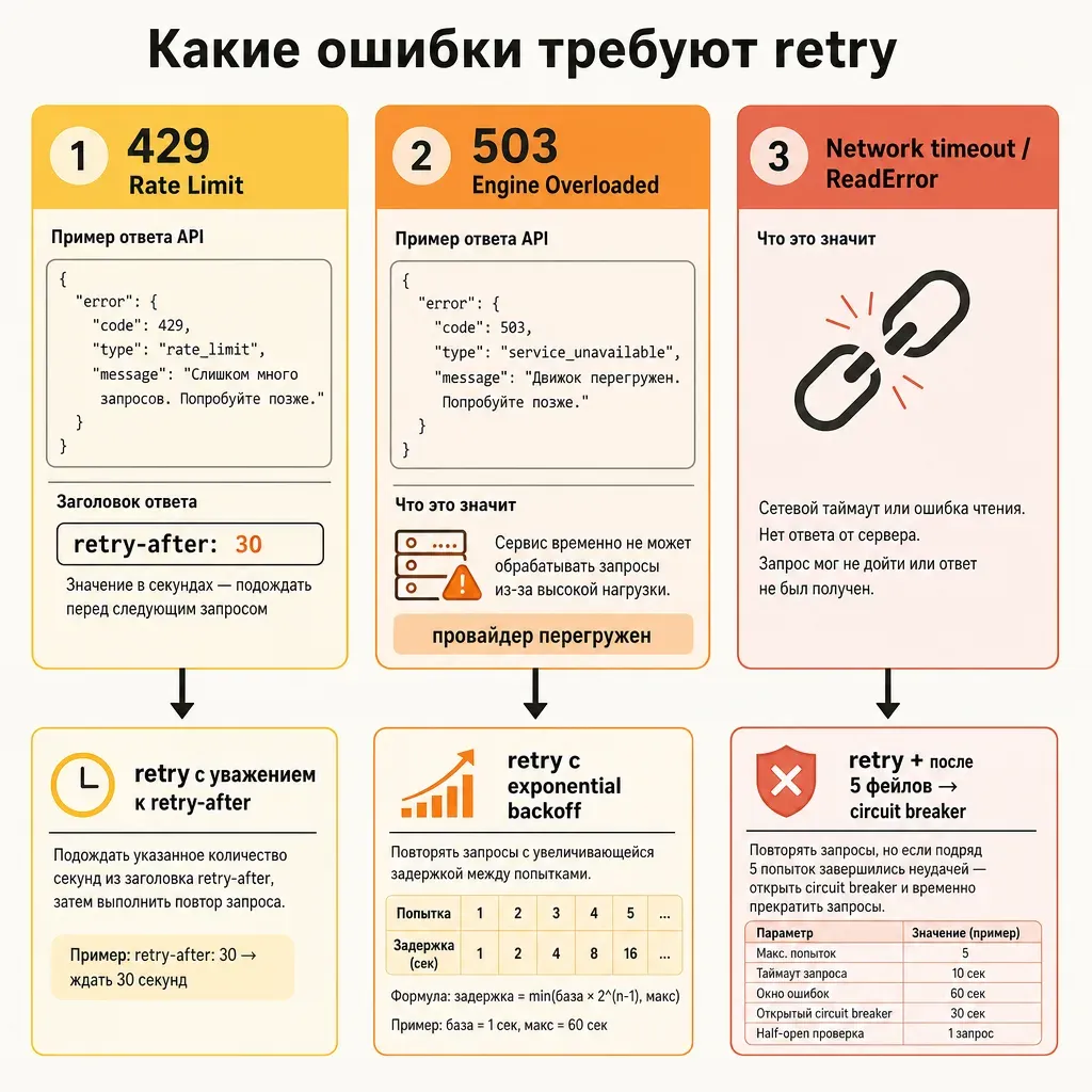 Схема трёх типов ошибок LLM API: 429 rate limit с заголовком retry-after, 503 engine overloaded, network timeout/ReadError; каждый блок с цветом важности и стрелкой к правильному ответу retry / wait / circuit; заголовок «Какие ошибки требуют retry»