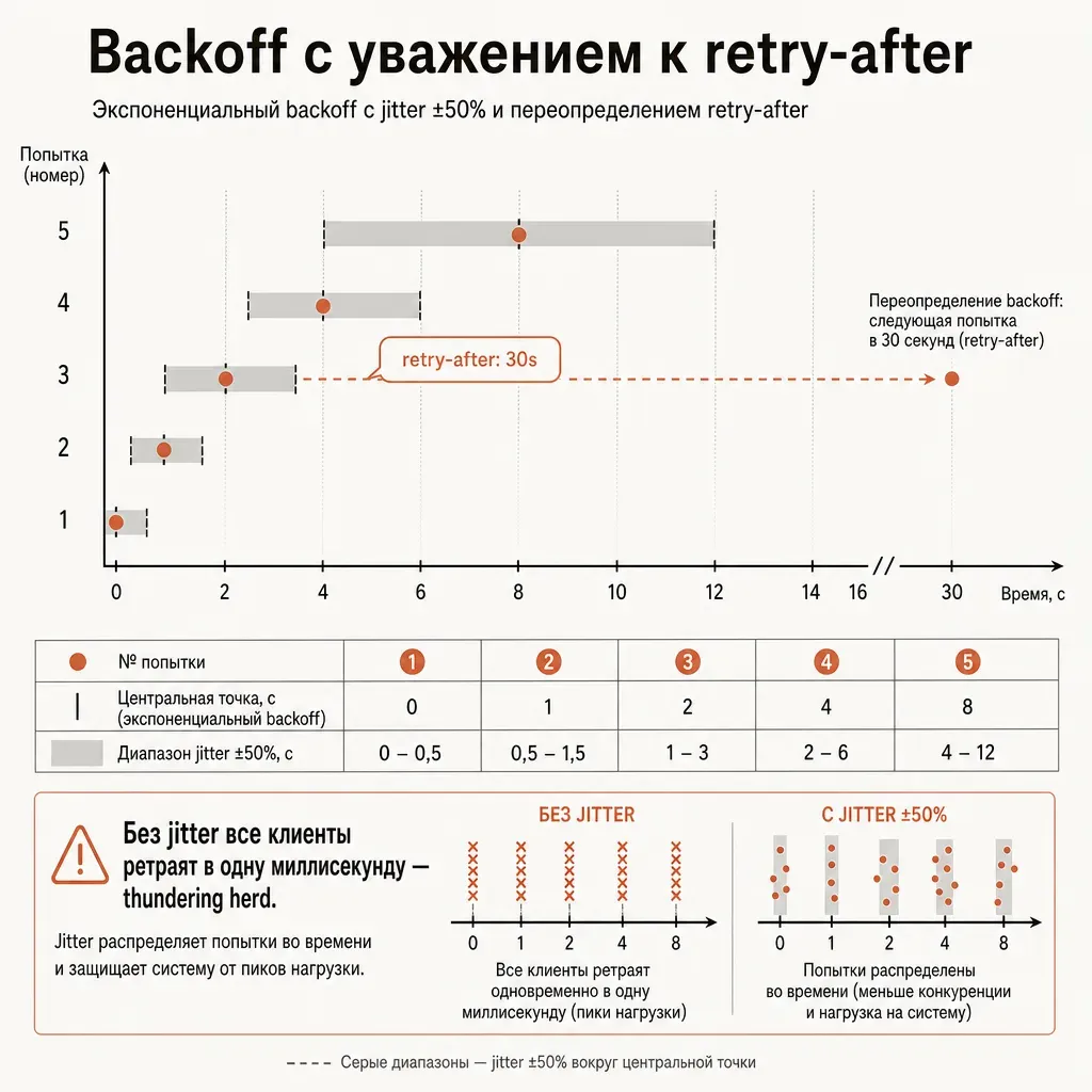 Диаграмма exponential backoff с jitter: горизонтальная ось времени, 5 точек попыток на 0с, 1с, 2с, 4с, 8с, для каждой попытки серый горизонтальный диапазон jitter ±50%; терракотовая выноска «retry-after: 30s» поверх 3-й попытки переопределяет backoff; заголовок «Backoff с уважением к retry-after»