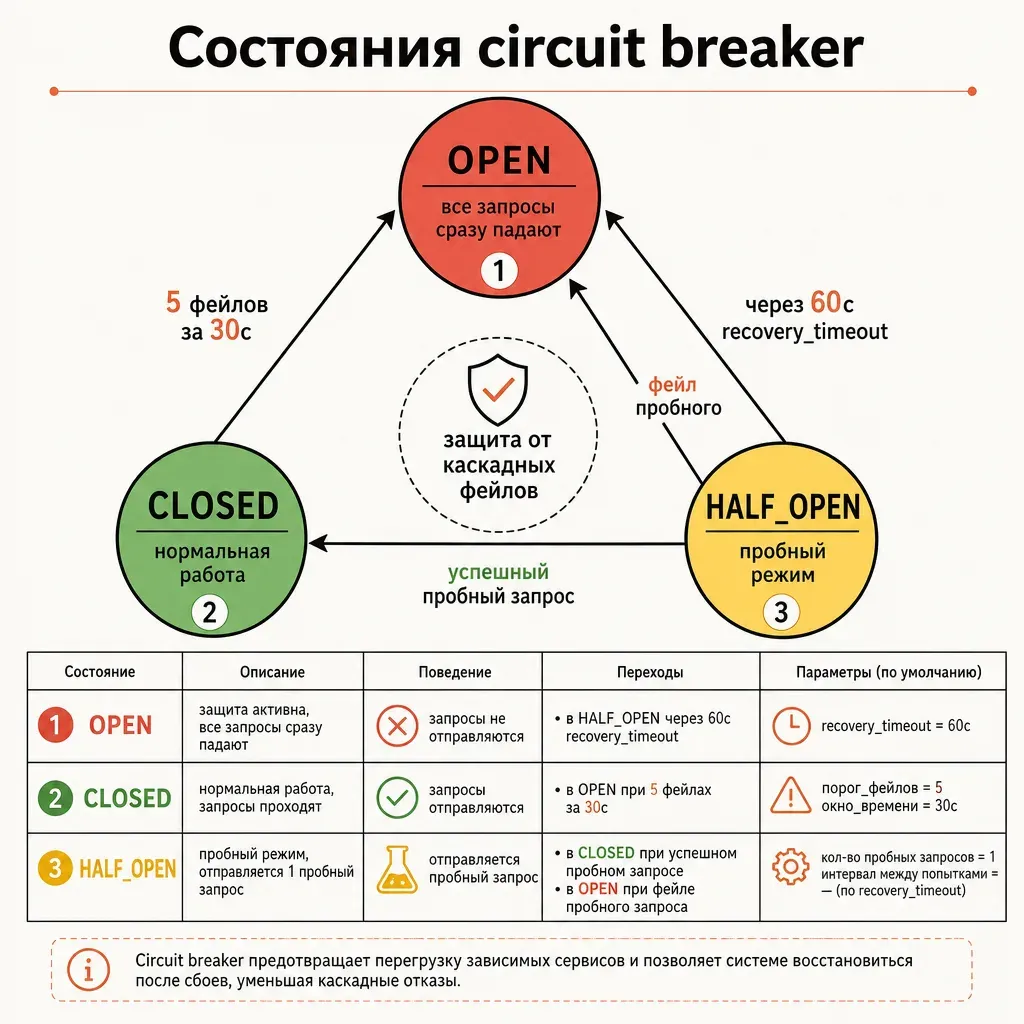 Диаграмма состояний circuit breaker: три круглых блока closed-open-half_open соединённые стрелками с подписями условий: closed→open «5 фейлов за 30с», open→half_open «через 60с recovery», half_open→closed «успешный пробный запрос», half_open→open «фейл пробного»; заголовок «Состояния circuit breaker»