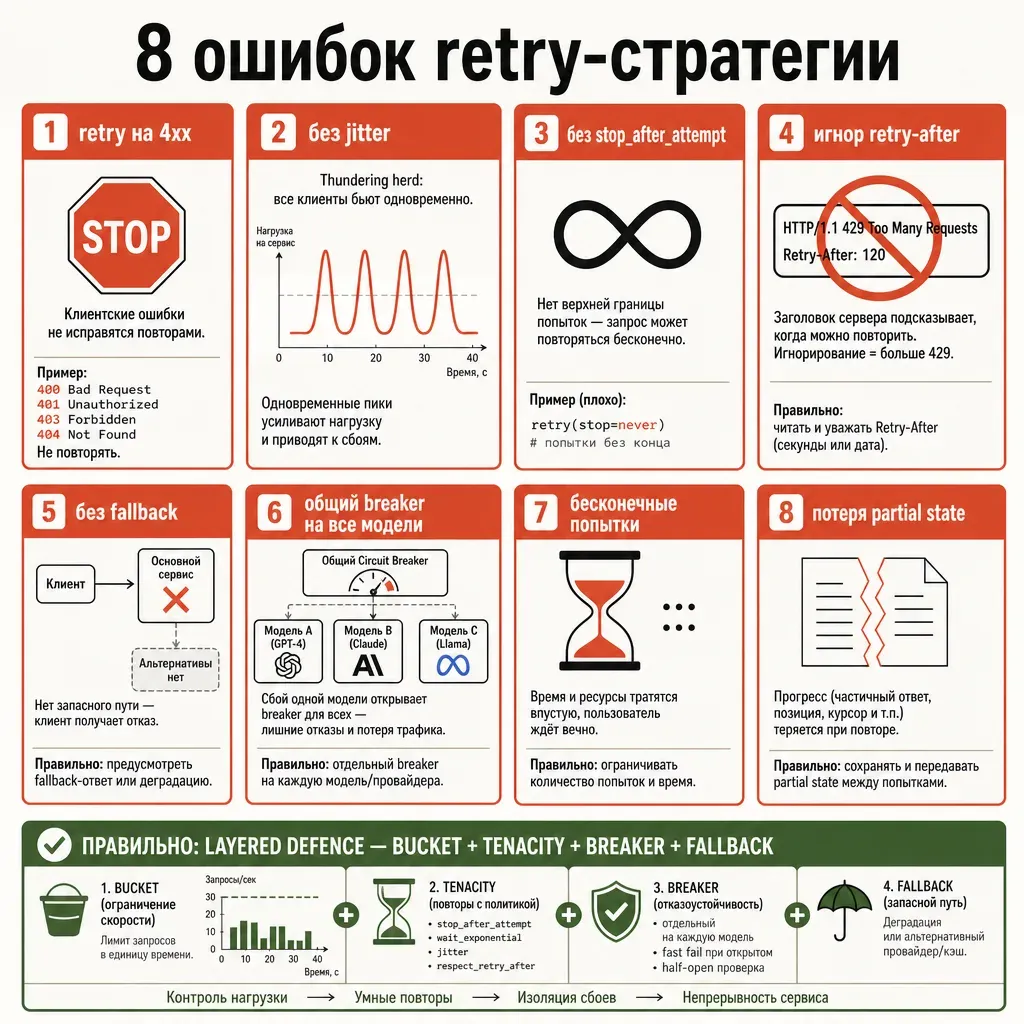 Чек-лист антипаттернов: 8 красных карточек с типичными ошибками — «retry на 4xx», «без jitter», «без stop», «игнор retry-after», «без fallback», «общий breaker», «бесконечные попытки», «потеря partial state»; зелёная строка снизу «правильно: layered defence»; заголовок «8 ошибок retry-стратегии»