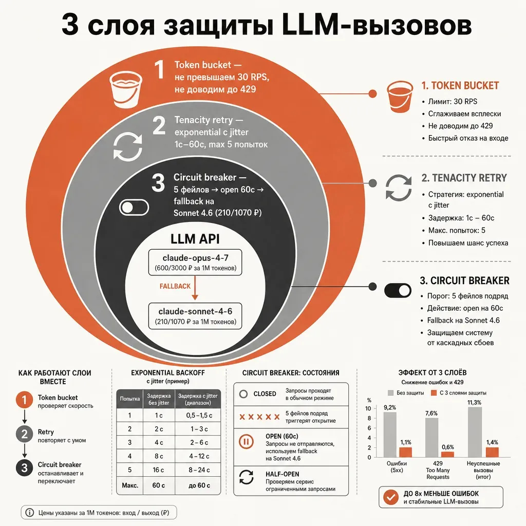 Финальная инфографика production-стека: 3 концентрических круга — внешний «Token bucket (предотвращение 429)», средний «Tenacity retry (лечение редких 429)», внутренний «Circuit breaker (защита от деградации)»; в центре «LLM API»; стрелки fallback ведут к второй модели; заголовок «3 слоя защиты LLM-вызовов»