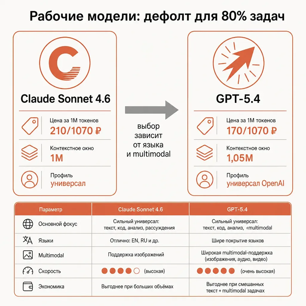 Две карточки моделей рядом — Claude Sonnet 4.6 и GPT-5.4 — с разбивкой по input/output, контексту, профилю; стрелочка между ними показывает, что выбор зависит от языка и multimodal требований