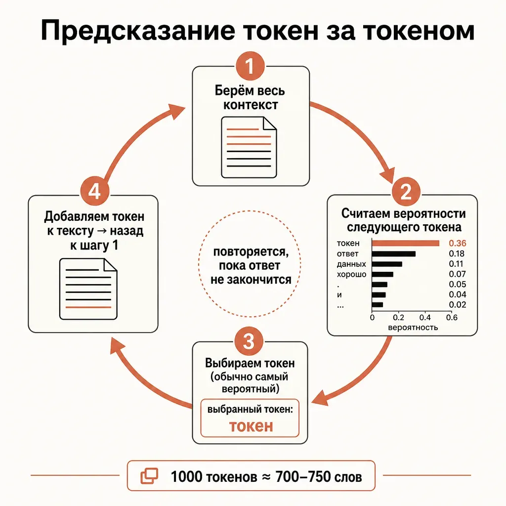 Пошаговая схема генерации ответа LLM: текст режется на токены, по контексту предсказывается следующий токен, он добавляется и цикл повторяется