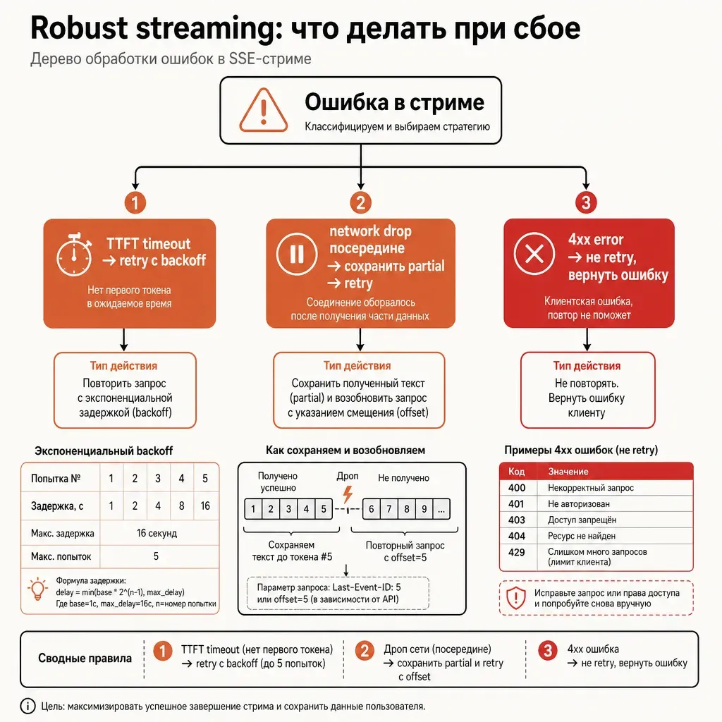 Дерево обработки ошибок: блок «Ошибка в стриме» — три ветки: «TTFT timeout → retry с backoff», «network drop → сохранить partial → retry», «4xx error → не retry, вернуть ошибку»; терракотовые подписи на критичных путях, заголовок «Robust streaming: что делать при сбое»