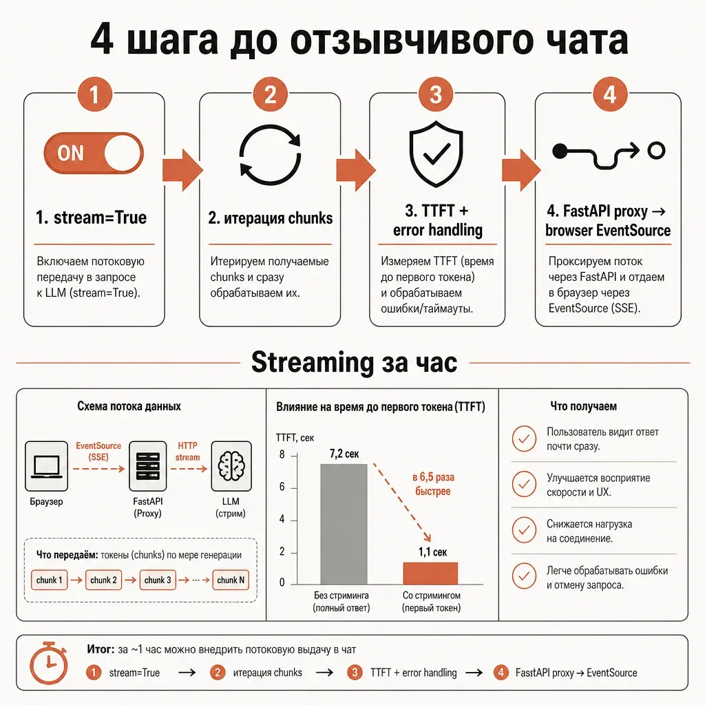 Финальная инфографика: 4 блока в ряд — «1. stream=True», «2. итерация chunks», «3. TTFT + error handling», «4. FastAPI proxy → browser EventSource», под ними подпись «Streaming за час», терракотовые стрелки между блоками; заголовок «4 шага до отзывчивого чата»