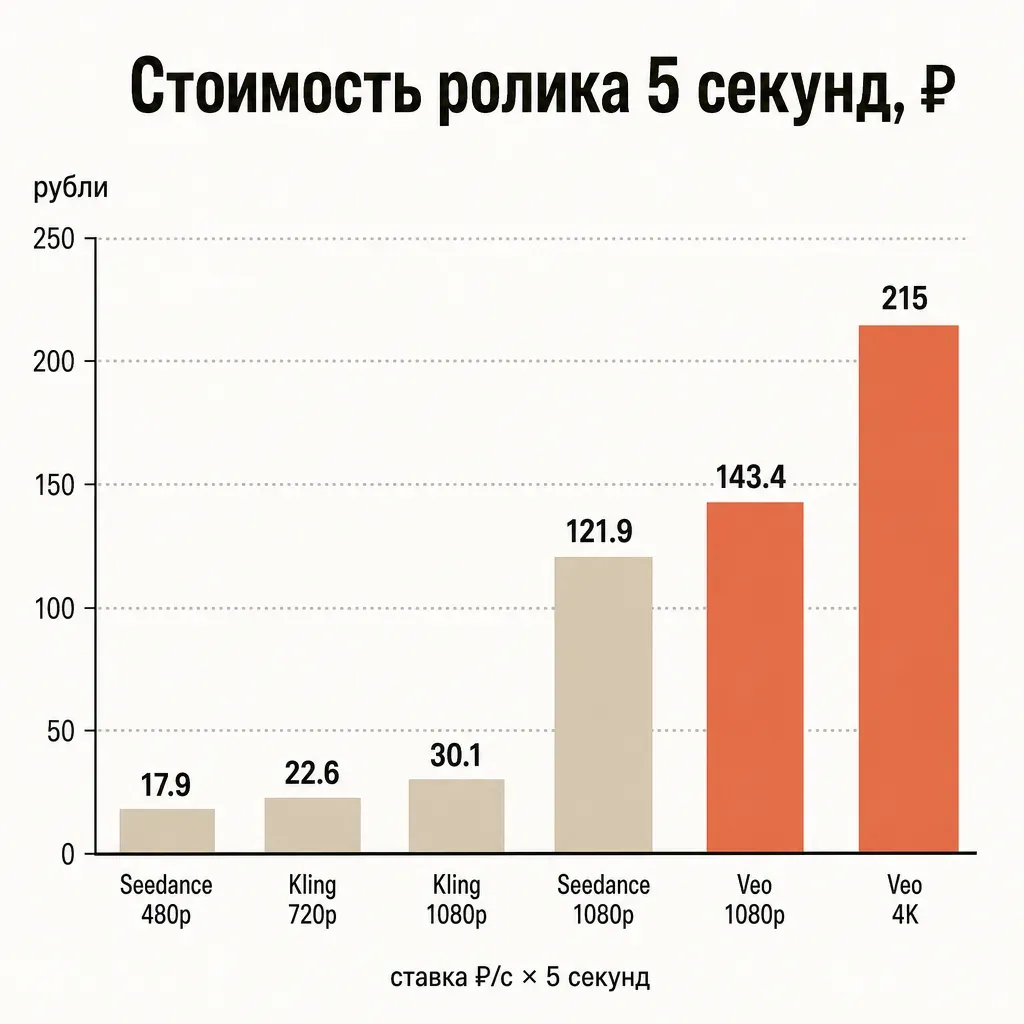 Столбчатая диаграмма стоимости ролика 5 секунд в рублях: Seedance 480p 17.9, Kling 720p 22.6, Kling 1080p 30.1, Seedance 1080p 121.9, Veo 1080p 143.4, Veo 4K 215, столбцы от низкого к высокому с подписями