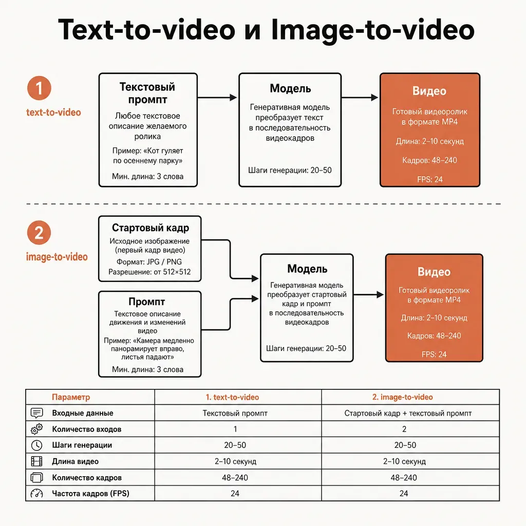 Схема двух режимов генерации: сверху text-to-video — прямоугольник «текстовый промпт» стрелкой в «модель» и в «видео»; снизу image-to-video — «стартовый кадр» плюс «промпт» стрелками в «модель» и в «видео», подписи на русском