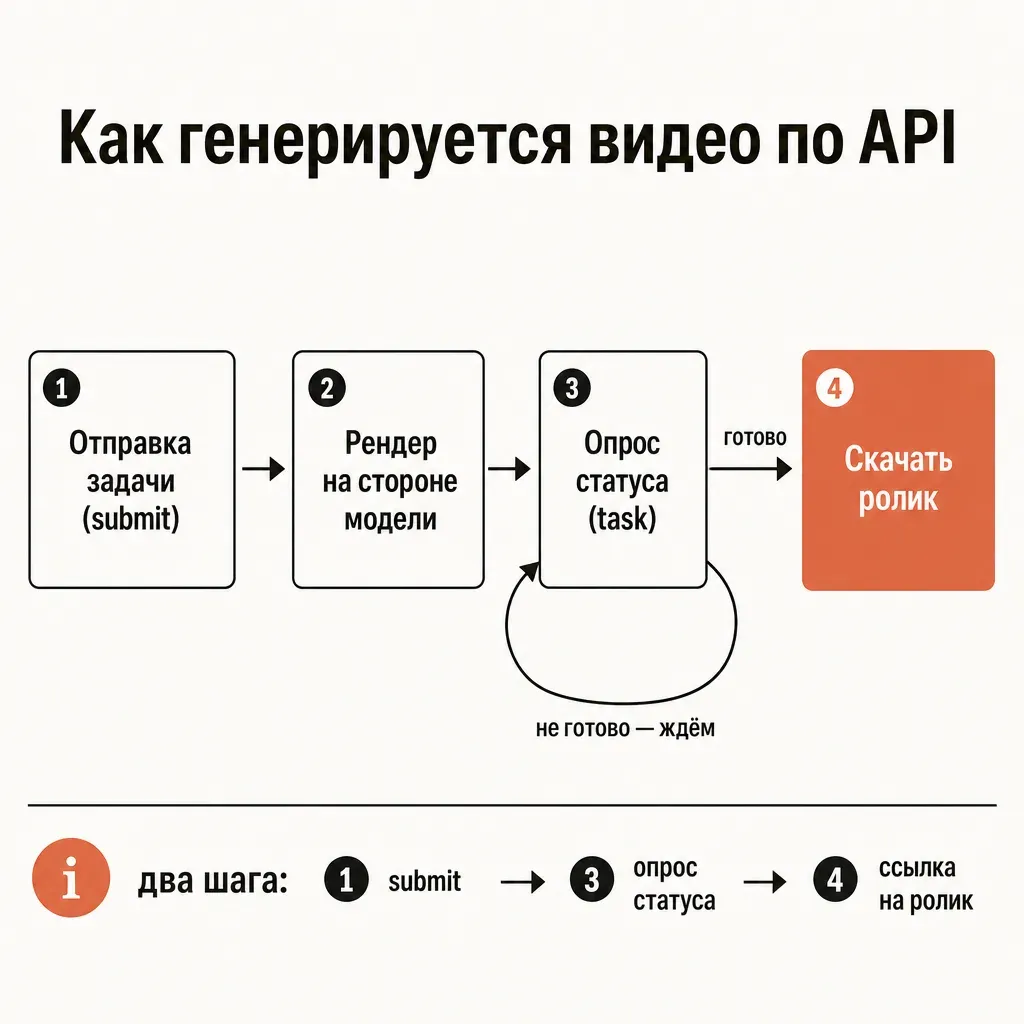 Схема асинхронного потока генерации видео: прямоугольник «отправка задачи (submit)» стрелкой в «рендер на стороне модели», далее «опрос статуса (task)» по кругу до готовности и «скачать ролик», подписи на русском, терракотовый акцент на финальном шаге