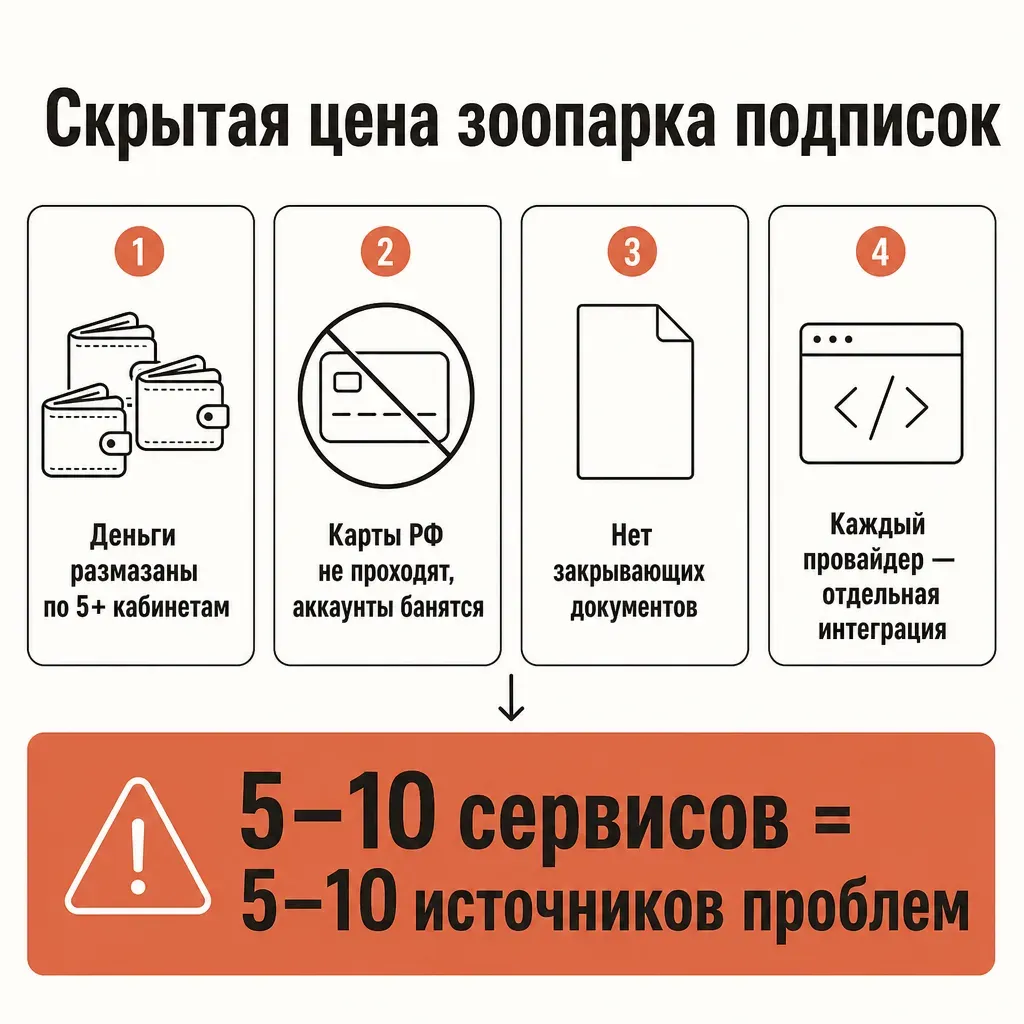 Инфографика «во что обходится зоопарк подписок»: четыре подписанных карточки-издержки в ряд с иконками — «Деньги размазаны по 5+ кабинетам», «Карты РФ не проходят, аккаунты банятся», «Нет закрывающих документов», «Каждый провайдер — отдельная интеграция», под ними итоговая плашка «5–10 сервисов = 5–10 источников проблем», терракотовые акценты, кремовый фон, плоский вектор, русские подписи