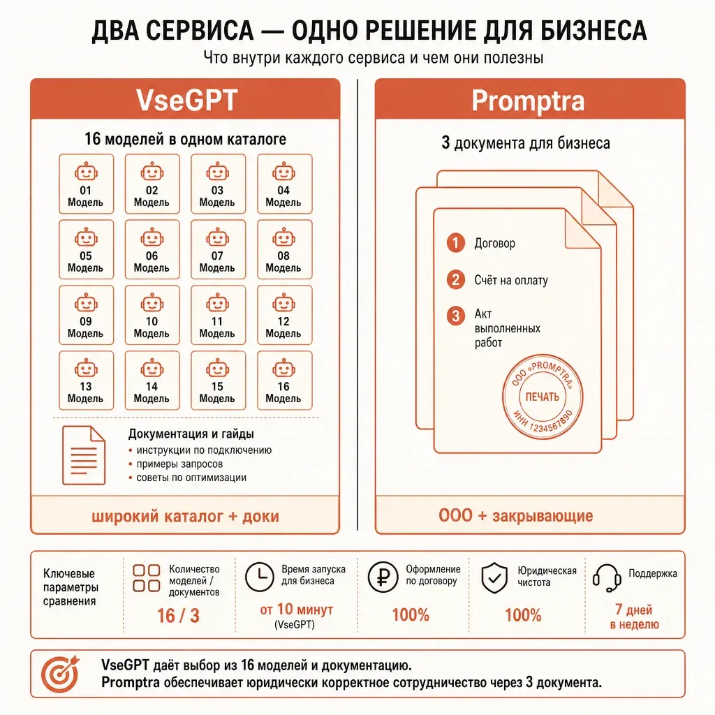 Два контурных блока-сервиса рядом: левый помечен как VseGPT с россыпью карточек-моделей и иконкой документации, правый помечен как provod.ai с компактной стопкой документов и печатью, обе фигуры в тёплых кремово-терракотовых тонах, русские подписи