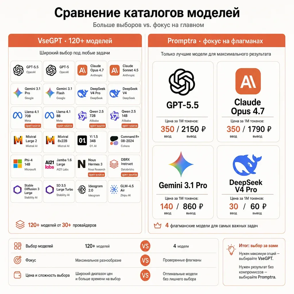 Сравнение каталогов двух агрегаторов: слева широкая россыпь из множества карточек-моделей с подписью VseGPT 120+ моделей и пометкой open-source, справа компактная сетка из выделенных карточек GPT-5.5, Claude Opus 4.7, Gemini 3.1 Pro, DeepSeek V4 Pro с подписью provod.ai флагманы, числа и русские подписи, кремовый фон, терракотовые акценты
