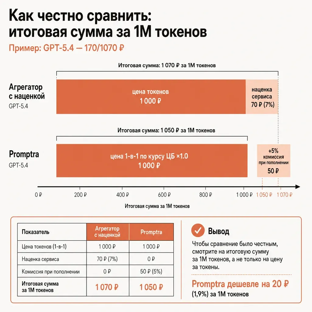 Две горизонтальные шкалы-полосы одинаковой длины как два прайса, левая полоса разбита на сегмент токенов и хвост-наценку, правая полоса показана как цена по курсу ЦБ плюс отдельный маленький блок 5 процентов комиссии при пополнении, подпись методология сравнения, числа и русские подписи, тёплые тона терракоты и кремового