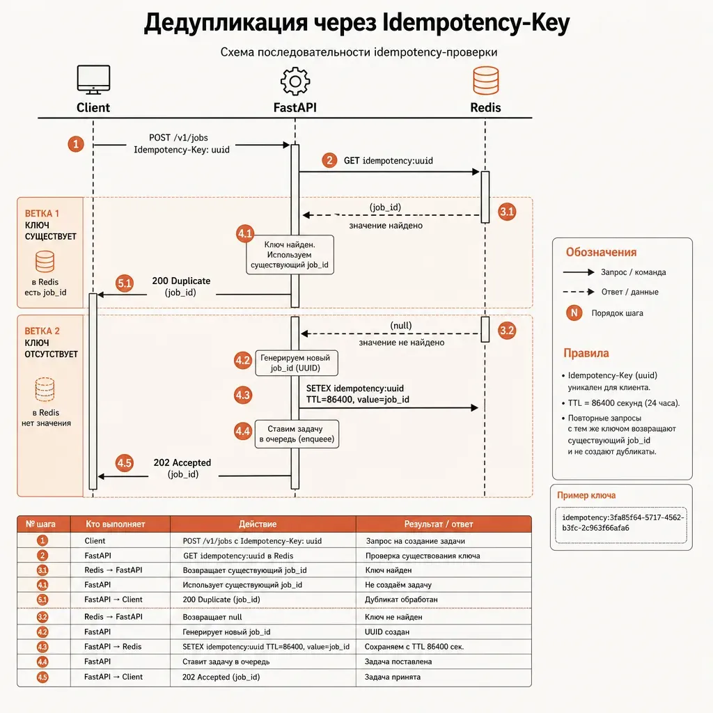 Диаграмма последовательности idempotency-проверки: клиент отправляет POST с Idempotency-Key, FastAPI проверяет Redis-ключ, если есть — возвращает существующий job_id, если нет — создаёт новый и сохраняет привязку на 24 часа; заголовок «Дедупликация через Idempotency-Key»