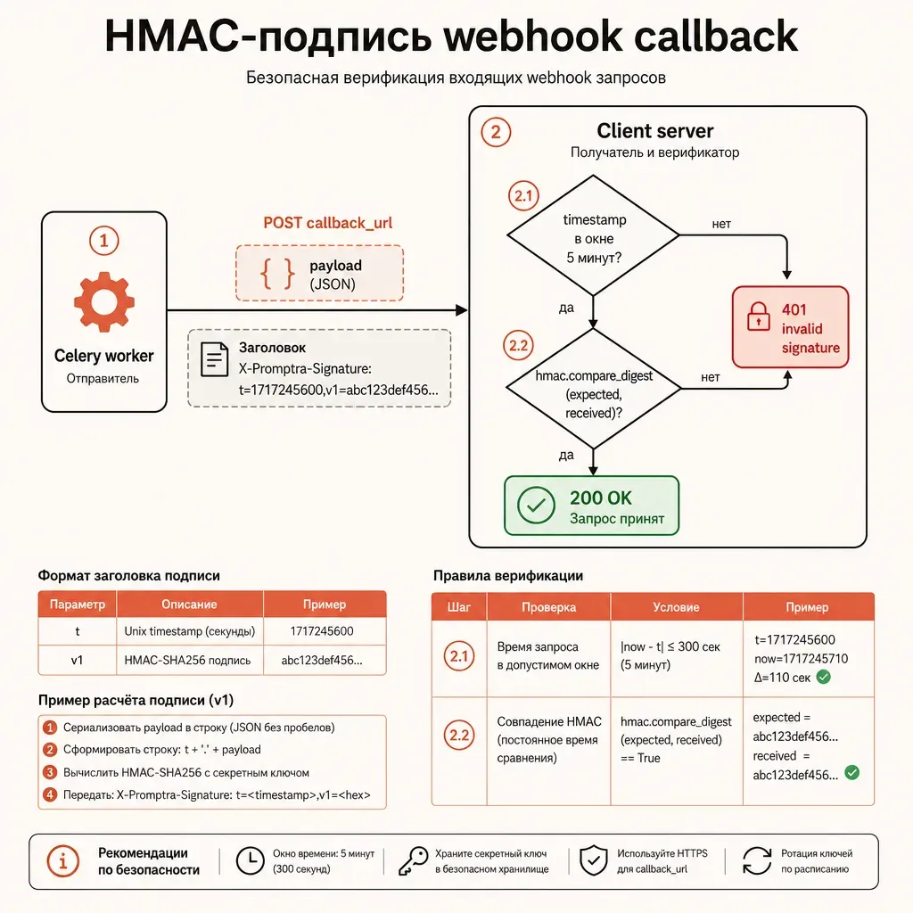 Архитектурная диаграмма webhook callback с HMAC: worker формирует payload, подписывает HMAC-SHA256 с timestamp, отправляет POST с заголовком X-provod.ai-Signature; клиент проверяет timestamp в окне 5 минут и константно-временное сравнение через hmac.compare_digest; заголовок «HMAC-подпись webhook»