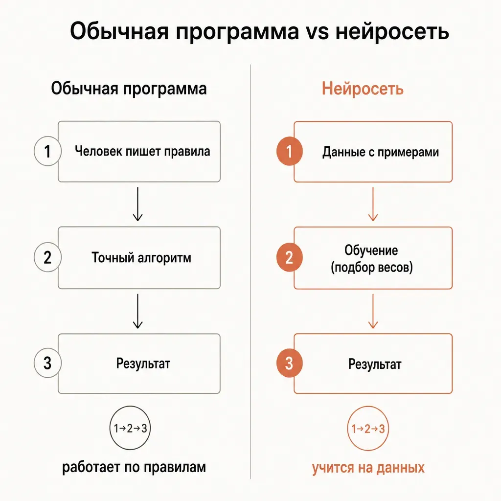 Сравнение обычной программы и нейросети: программа работает по правилам человека, нейросеть учится на данных