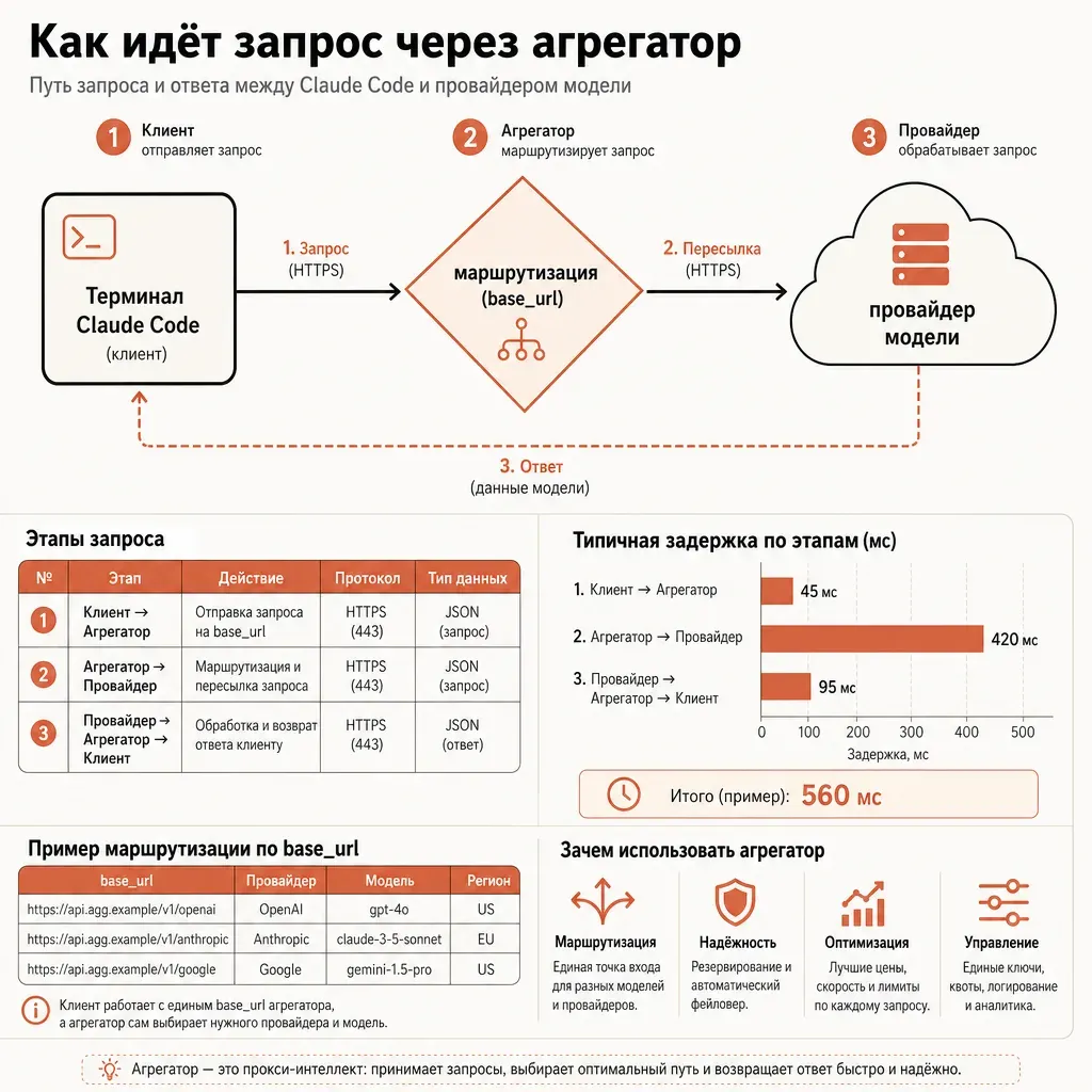 Диаграмма потока запроса через агрегатор: терминал с Claude Code отправляет пакет данных, стрелка ведёт к промежуточному узлу-ромбу с подписью-маркером маршрутизации, оттуда стрелка к большому облаку провайдера модели и обратный пунктир ответа, всё в чистом техническом стиле без подписей