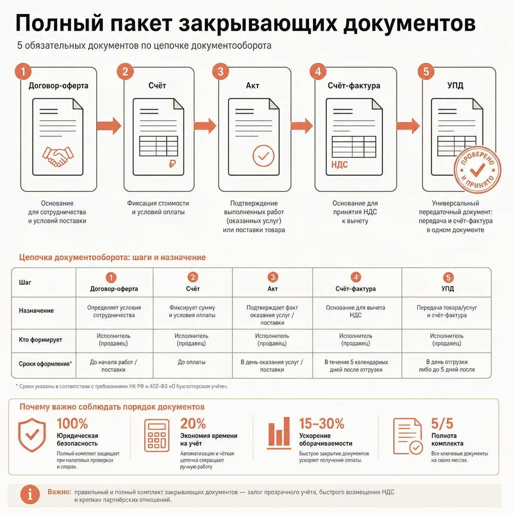 Поток документооборота как горизонтальная цепочка из пяти связанных прямоугольных карточек разной фактуры, идущих слева направо со стрелками между ними, последняя карточка с символом печати, всё в тёплых кремово-терракотовых тонах без текста