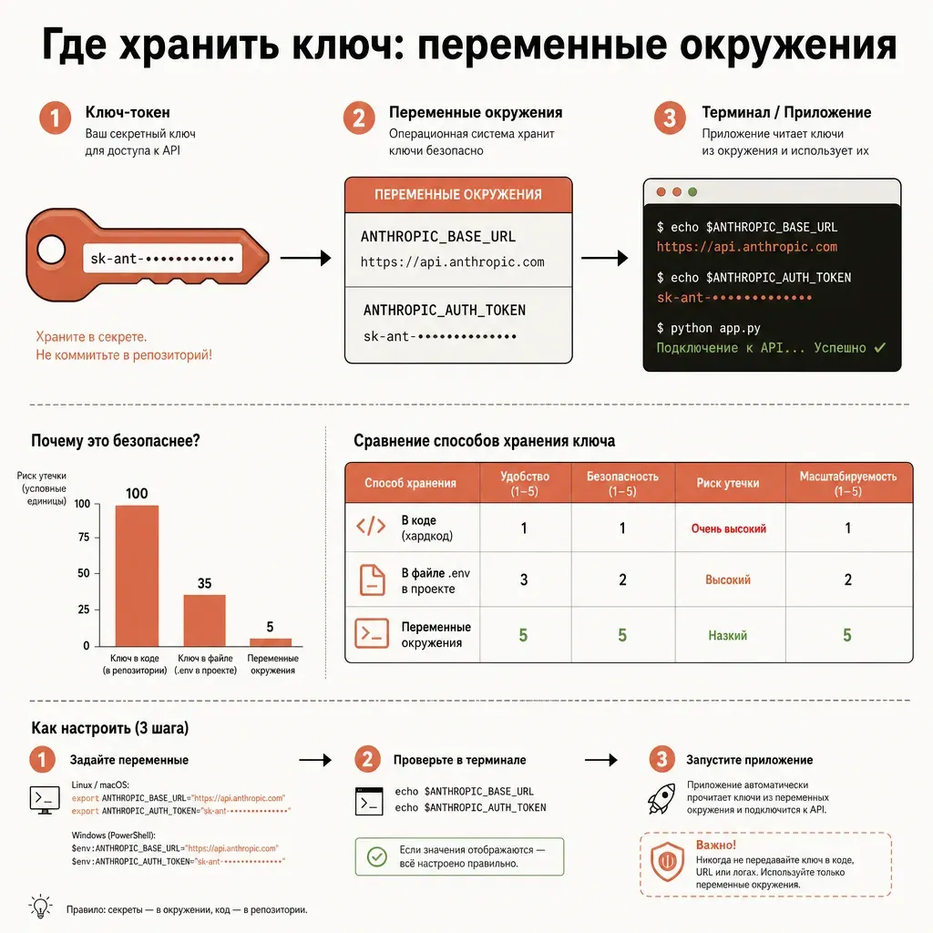 Концепт получения и хранения API-ключа: стилизованный ключ-токен на переднем плане, за ним контур терминала и файл конфигурации, тонкая линия связывает ключ с окружением запуска, аккуратная геометрия без надписей в тёплых тонах