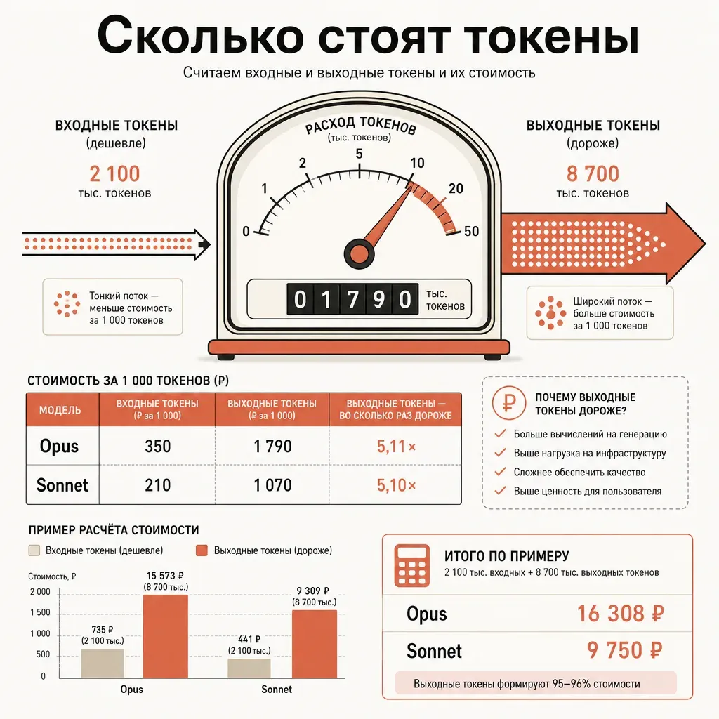 Концепт счётчика расхода токенов: стилизованный измерительный прибор со шкалой-дугой и стрелкой, рядом два потока разной толщины — тонкий входящий и более широкий исходящий, символизирующие разную цену input и output токенов, чистая инфографика без цифр в тёплой палитре