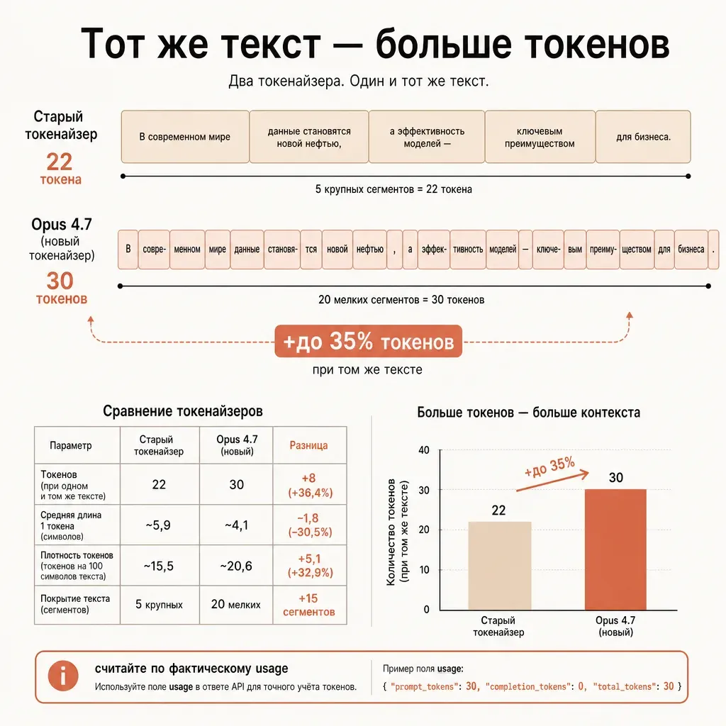 Сравнение двух горизонтальных полос, изображающих один и тот же отрезок текста: верхняя разбита на крупные сегменты, нижняя — на заметно более мелкие и плотные, отчего она визуально длиннее на треть; наглядная схема дробления текста на токены, без букв и цифр