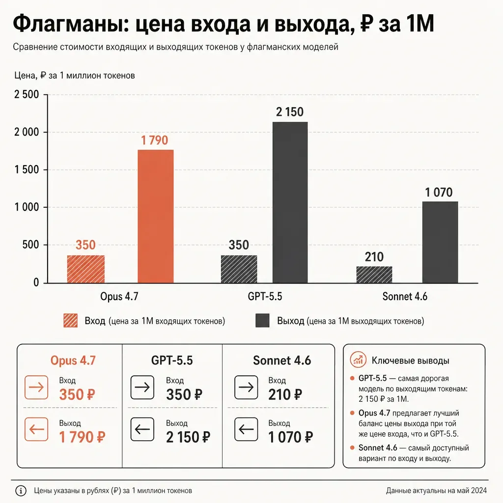Сравнение трёх моделей-флагманов как три столбца разной высоты, сгруппированные попарно по входной и выходной стоимости; над каждым — небольшая пиктограмма профиля сильной стороны; аккуратная сгруппированная столбчатая инфографика без подписей