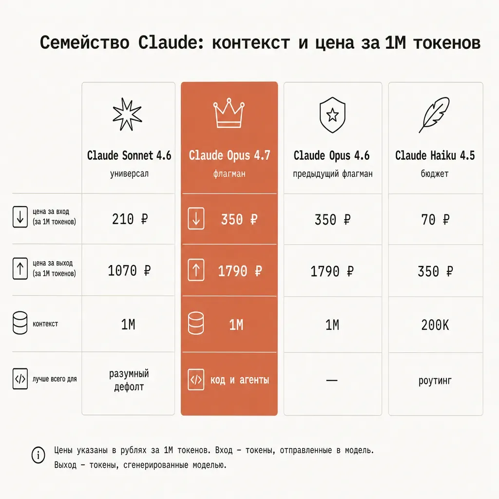 Линейка моделей Claude с контекстом и ценой в рублях за 1М токенов: Opus 4.7, Sonnet 4.6, Opus 4.6, Haiku 4.5 — четыре карточки с числами