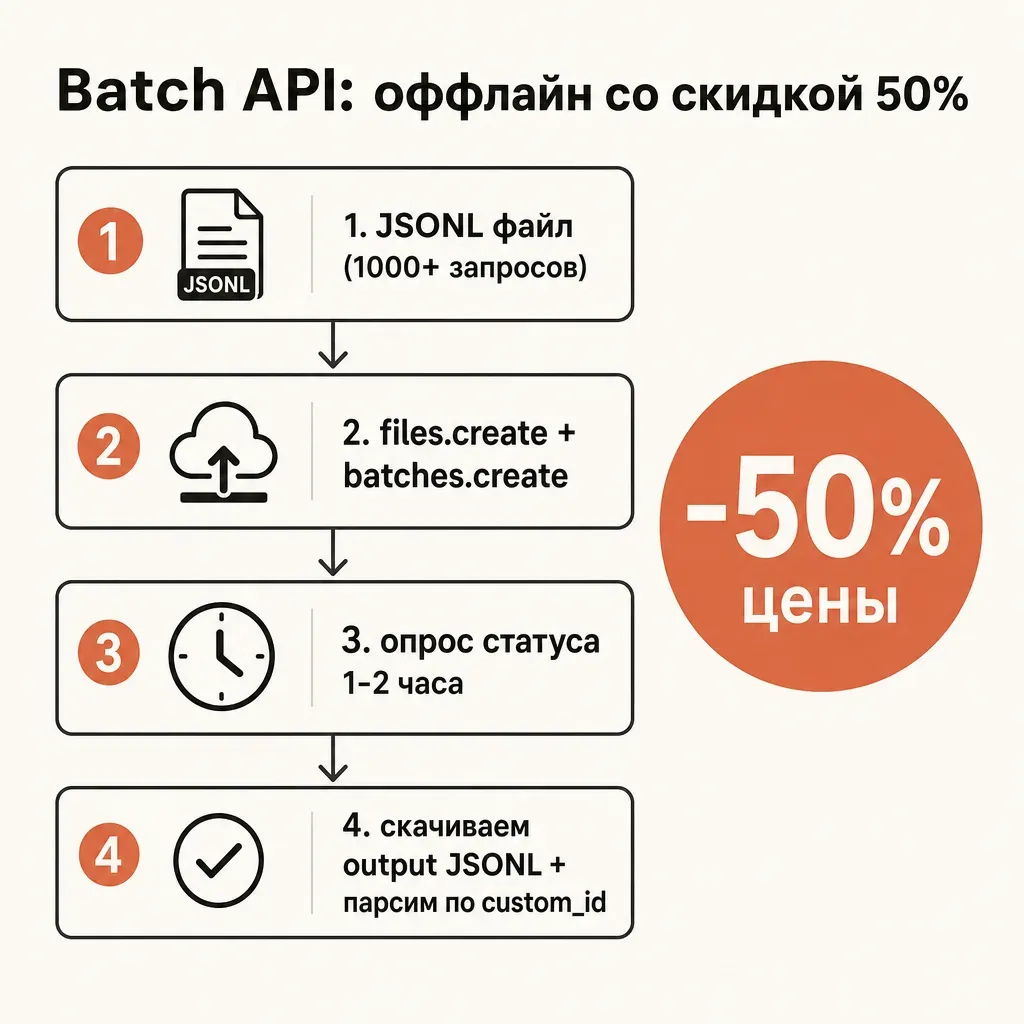Schema-диаграмма Batch API: 4 шага сверху вниз — «1. JSONL файл (1000+ запросов)», «2. files.create + batches.create», «3. опрос статуса 1-2 часа», «4. скачиваем output JSONL + парсим по custom_id»; справа крупный значок «−50% цены» терракотовый; заголовок «Batch API: оффлайн со скидкой 50%»