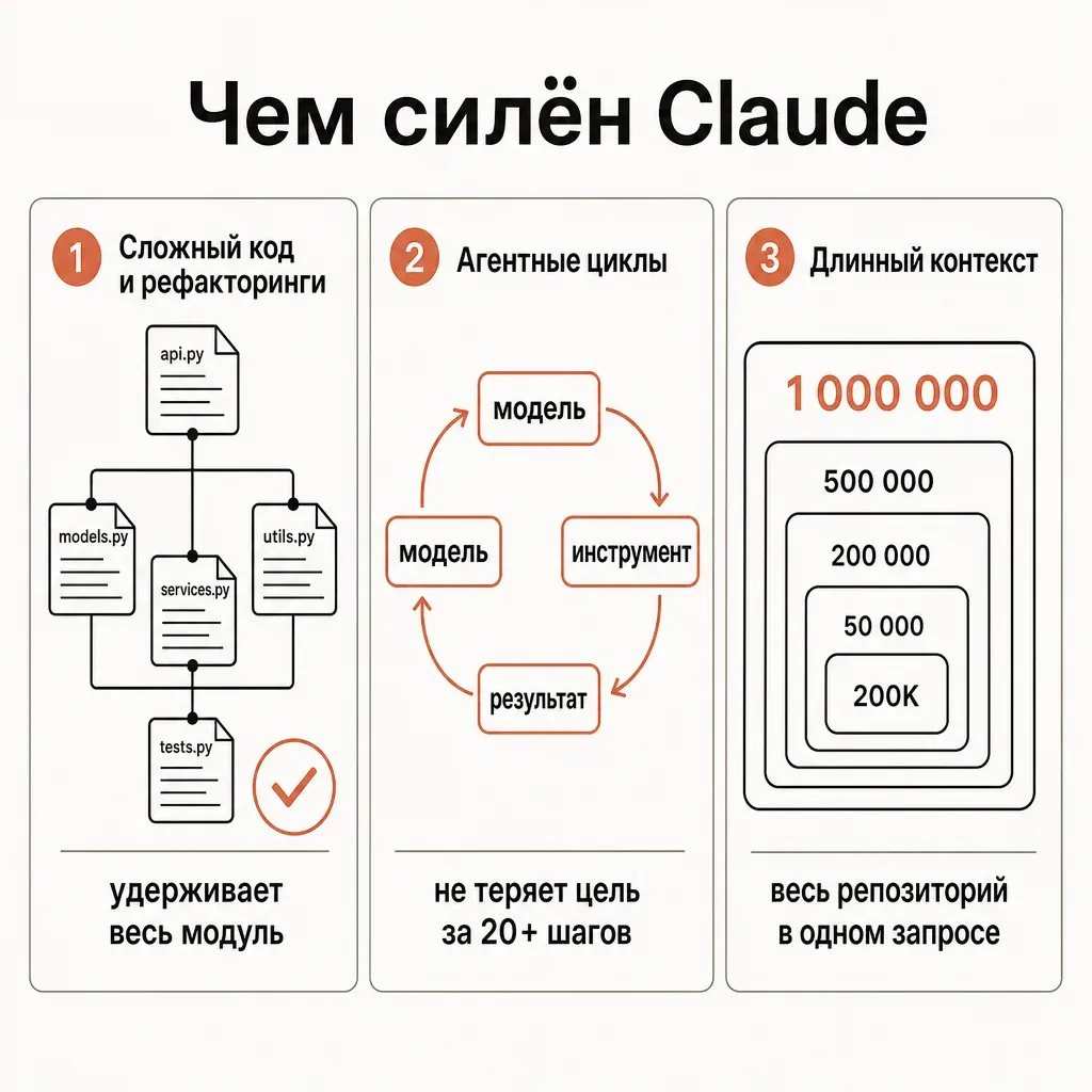 Сильные стороны Claude: сложный код и рефакторинги, агентные циклы с tool-calling, длинный контекст 1М токенов