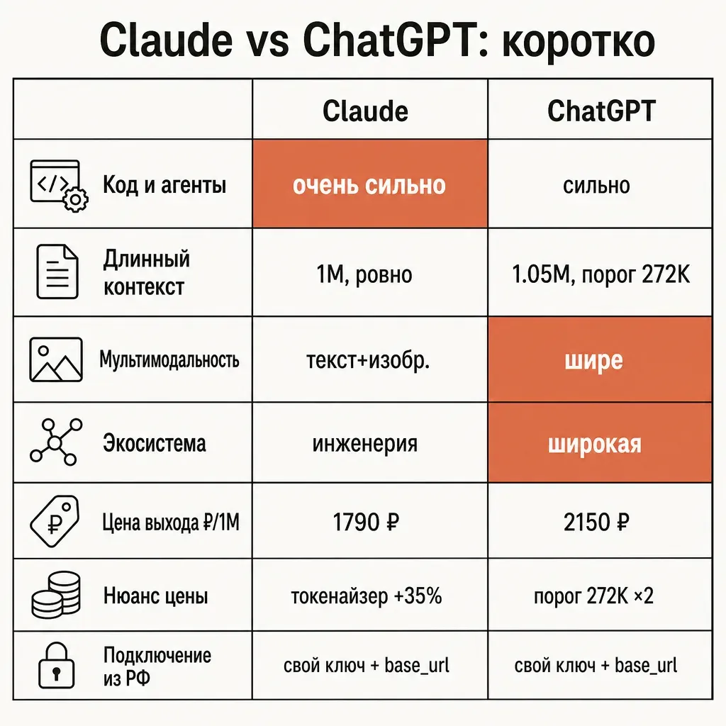 Честная таблица-сравнение Claude и ChatGPT в виде сетки две колонки на семь строк: столбцы Claude и ChatGPT, строки Код и агенты, Длинный контекст, Мультимодальность, Экосистема, Цена выхода в рублях, Нюанс цены, Скорость, в ячейках короткие подписи на русском, акцентные терракотовые плашки на сильных сторонах каждой, кремовый фон, графитовая сетка, плоский вектор