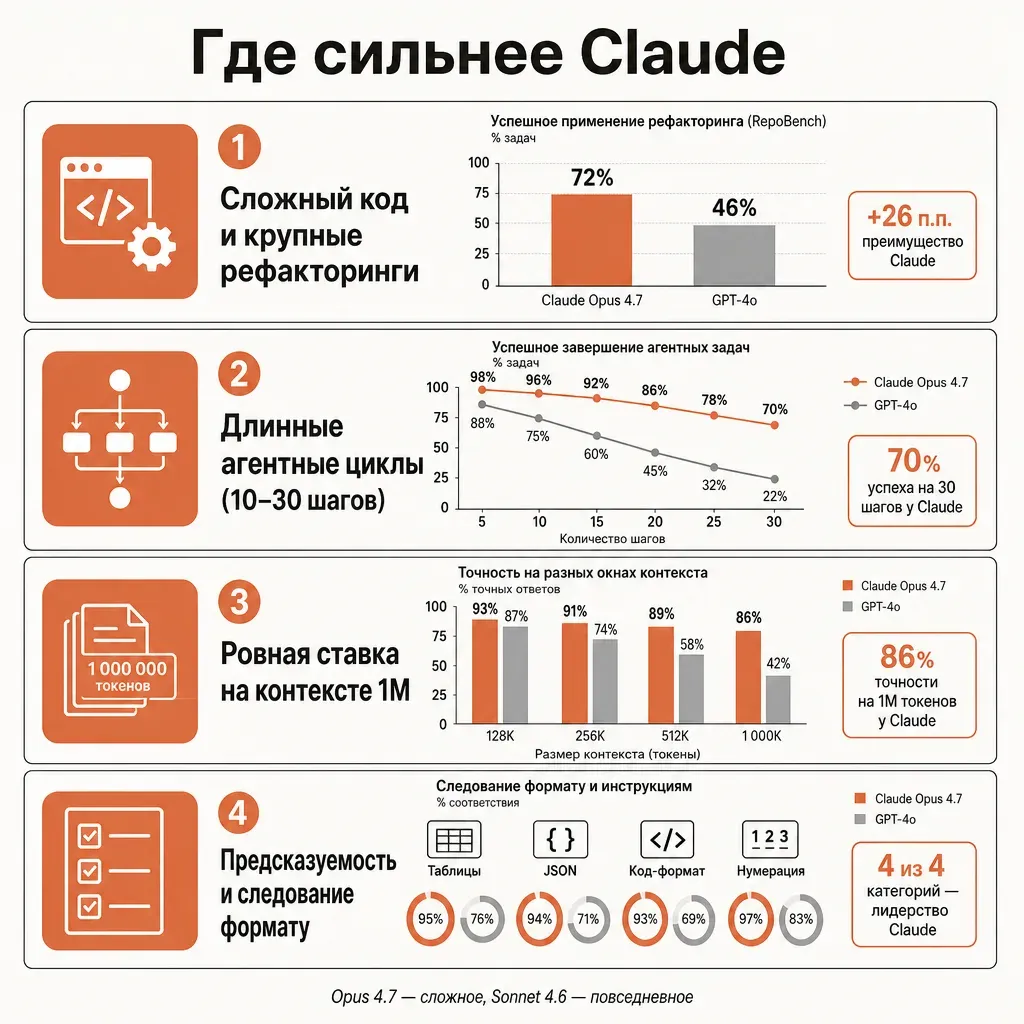 Карточка сильных сторон Claude в виде четырёх блоков с подписями: Сложный код и рефакторинг, Длинные агентные циклы, Ровная ставка на 1M контексте, Предсказуемость и следование формату, каждый блок с короткой пометкой и иконкой-плашкой терракотового цвета, кремовый фон, заголовок Где сильнее Claude на русском, плоский вектор