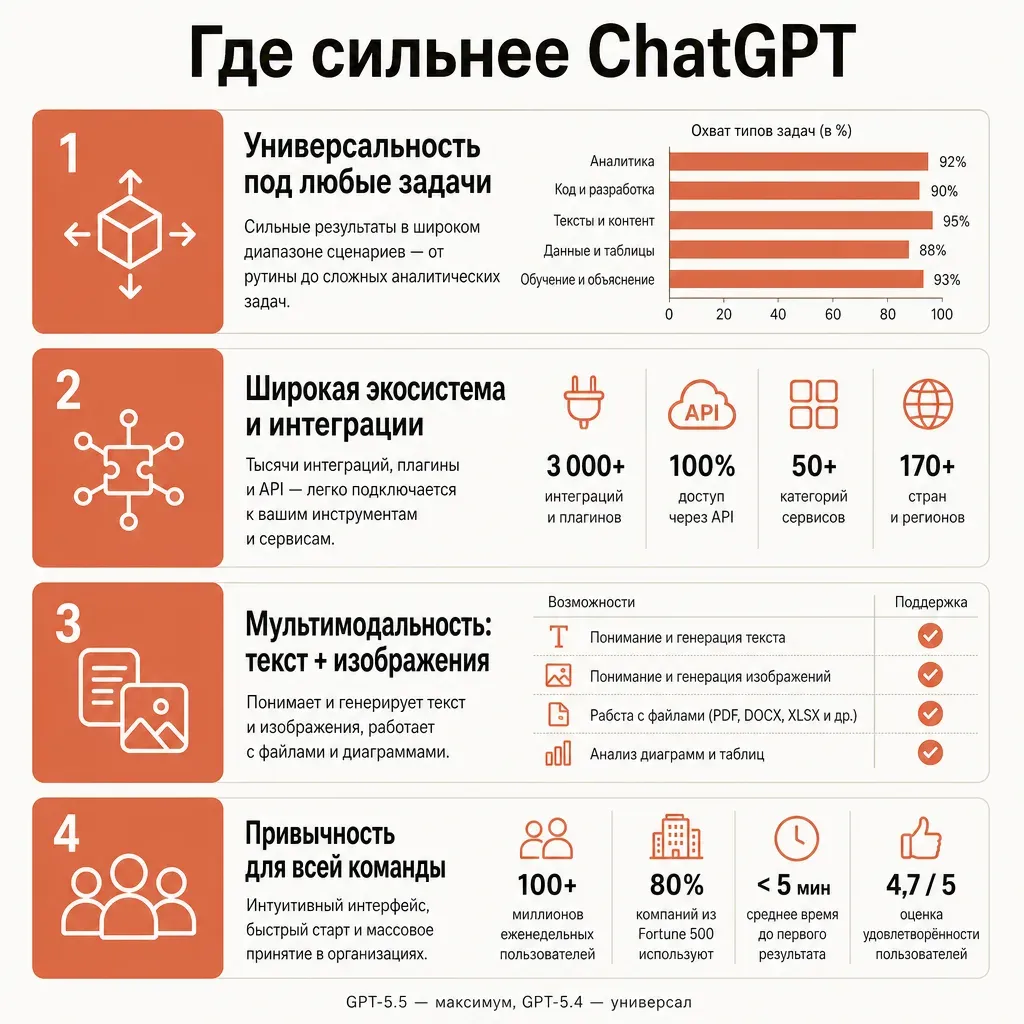 Карточка сильных сторон ChatGPT в виде четырёх блоков с подписями: Универсальность под любые задачи, Широкая экосистема и интеграции, Мультимодальность текст плюс изображения, Привычность для всей команды, каждый блок с короткой пометкой и плашкой терракотового цвета, кремовый фон, заголовок Где сильнее ChatGPT на русском, плоский вектор